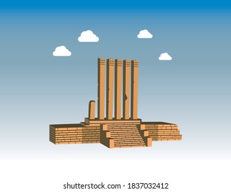 Vector illustration in flat linear style.Awwam Temple in Marib