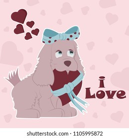 vector illustration of flat little dog girl with bow holding a heart in her mouth tied with a ribbon on the background of hearts and lettering I love