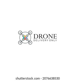 vector illustration of flat logo airplane. delivery package icon using a drone. Dron logo contains a simple and attractive package with people colors, green, white, black, blue.