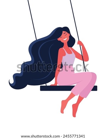 Vector illustration in flat magazine style. A young woman sits serenely on a swing. The concept of an easy and happy life, prosperity and tranquility