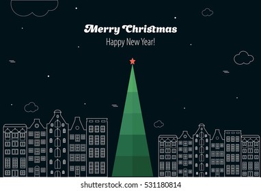Vector illustration  flat. The main tree of the city. Linear city. New Year's and Christmas.  snowing night