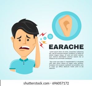 Vector illustration flat man with a earache. Frustrated young man touching his ear and feel aching. Pain in the human body, ear ache, otitis concept.