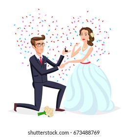 vector illustration flat Man is holding in hand an open box with a wedding ring and diamond.