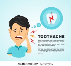 Vector Illustration Flat Man With A Oral Toothache.  Frustrated Young Man Touching His Cheek And Feel Aching Bad Tooth. Pain In The Human Body. Concept For Dentist, Diseases, Tooth Day