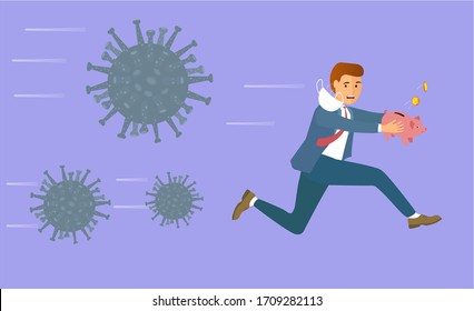 Vector illustration of a flat man running from a coronavirus. A person is afraid of losing their money. The corporate employee is scared.