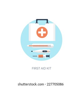 Vector illustration. Flat medical background. Medicine. Healthcare and medical research. First aid help.