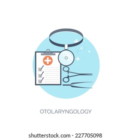 Vector illustration. Flat medical background. Medicine. Otolaryngology. Healthcare and medical research. First aid help.