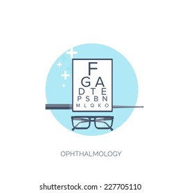 Vector illustration. Flat medical background. Medicine. Ophthalmology. Healthcare and medical research. First aid help.