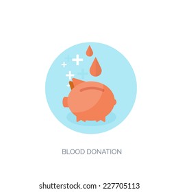Vector illustration. Flat medical background and piggy bank. Blood donation. Donor. Medicine. Healthcare and medical research. First aid help.