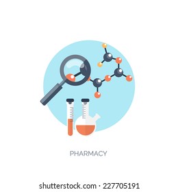 Vector illustration. Flat medical background. Pharmacy. Pills and medicaments. Medicine. Healthcare and medical research. First aid help.