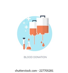 Vector illustration. Flat medical background. Blood donation. Donor. Medicine. Healthcare and medical research. First aid help.
