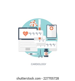Vector illustration. Flat medical background. Medicine. Cardiology. Healthcare and medical research. First aid help.