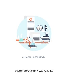 Vector illustration. Flat medical background. Clinical laboratory. Medicine. Healthcare and medical research. First aid help.