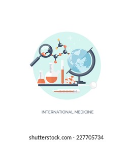 Vector illustration. Flat medical background with globe. International medicine. Healthcare and medical research. First aid help.