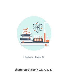 Vector illustration. Flat medical background. Medicine. Healthcare and medical research. First aid help.