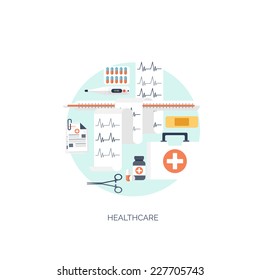 Vector illustration. Flat medical background. Medicine. Healthcare and medical research. First aid help.