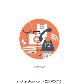 Vector illustration. Flat medical background with old phone. Medicine. Healthcare and medical research. First aid help.