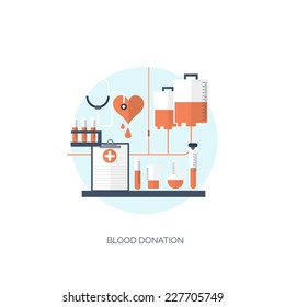 Vector illustration. Flat medical background. Blood donation. Donor. Medicine. Healthcare and medical research. First aid help.