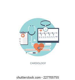 Vector illustration. Flat medical background. Medicine. Cardiology. Healthcare and medical research. First aid help.