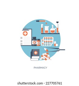 Vector illustration. Flat medical background. Pharmacy. Pills. Medicine. Healthcare and medical research. First aid help.
