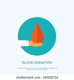 Vector illustration. Flat medical background. Health care and first aid, medical research and blood donation.