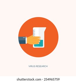 Vector illustration. Flat medical background with hand and flask. First aid and diagnostic. Medical research and therapy. Global healthcare.