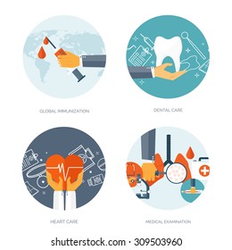 Vector illustration. Flat medical background. First aid, heart care. Online doctor. Health care and protection, Pharmacy. Clinical research.