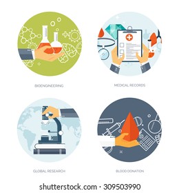 Vector illustration. Flat medical background. First aid, heart care. Online doctor. Health care and protection, Pharmacy. Clinical research.