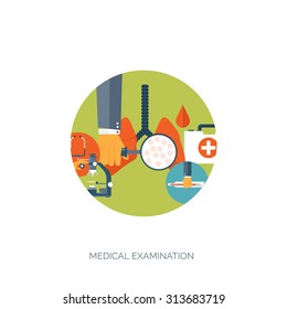 Vector illustration. Flat medical background. First aid and diagnostic. Medical research and therapy. Global healthcare.