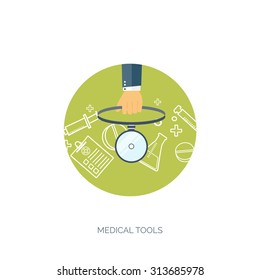 Vector illustration. Flat medical background. First aid and diagnostic. Medical research and therapy. Global healthcare.