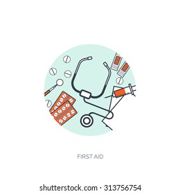 Vector illustration. Flat medical background. First aid, heart care. Online doctor. Health care and protection, Pharmacy. Clinical research.