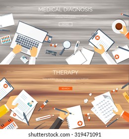 Vector illustration. Flat medical background. First aid and diagnostic. Medical research and therapy. Global healthcare. Wood.