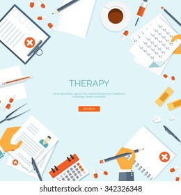 Vector illustration. Flat medical background. First aid ,diagnostic. Medical research ,therapy. Global healthcare.