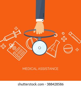 Vector illustration. Flat medical background. Health care ,first aid, research ,cardiology. Medicine ,study. Chemical engineering ,pharmacy.
