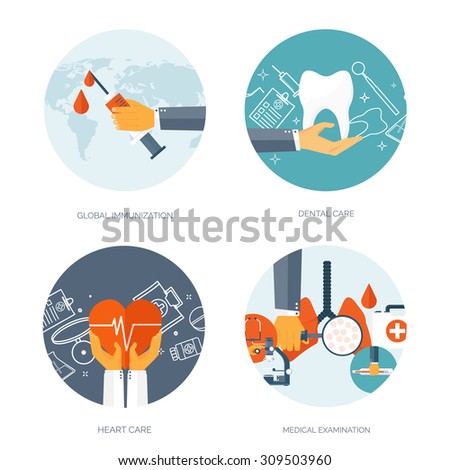 Vector illustration. Flat medical background. First aid, heart care. Online doctor. Health care and protection, Pharmacy. Clinical research.