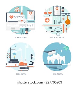 Vector illustration. Flat medical backgrounds set. Medicine. Healthcare and medical research. First aid help.