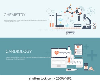 Vector illustration. Flat medical backgrounds set. Health care and first aid, medical research and cardiology. Medicine and study. Chemical engineering and pharmacy.