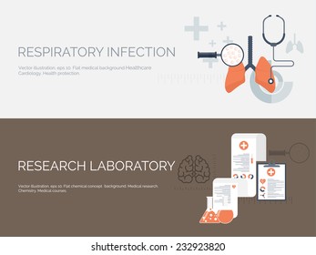 Vector illustration. Flat medical backgrounds set. Health care and first aid, medical research and cardiology. Medicine and study. Chemical engineering and pharmacy.