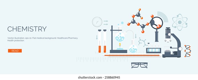 Vector illustration. Flat medical backgrounds set. Health care and first aid, medical research and cardiology. Medicine and study. Chemical engineering and pharmacy.