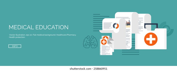 Vector illustration. Flat medical backgrounds set. Health care and first aid, medical research and cardiology. Medicine and study. Chemical engineering and pharmacy.