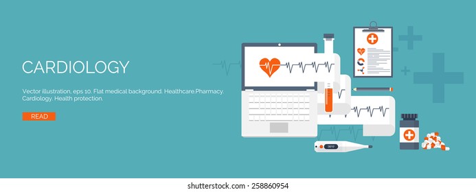Vector illustration. Flat medical backgrounds set. Health care and first aid, medical research and cardiology. Medicine and study. Chemical engineering and pharmacy.