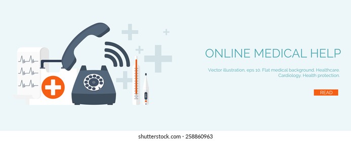 Vector illustration. Flat medical backgrounds set. Health care and first aid, medical research and cardiology. Medicine and study. Chemical engineering and pharmacy.