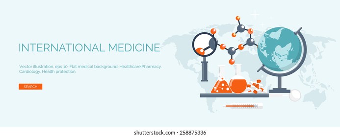Vector illustration. Flat medical backgrounds set. Health care and first aid, medical research and cardiology. Medicine and study. Chemical engineering and pharmacy.