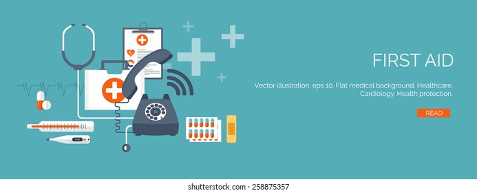 Vector illustration. Flat medical backgrounds set. Health care and first aid, medical research and cardiology. Medicine and study. Chemical engineering and pharmacy.