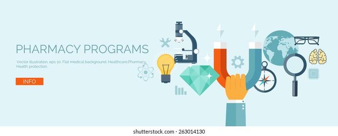 Vector illustration. Flat medical backgrounds set. Health care and first aid, medical research and cardiology. Medicine and study. Chemical engineering and pharmacy.