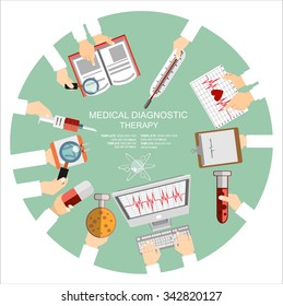 Vector illustration. Flat medical concept background. Healthcare and health protection. Clinical laboratory. First aid and diagnostic.