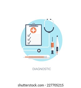 Vector illustration. Flat medical diagnostic background. Medicine. Healthcare and medical research. First aid help.