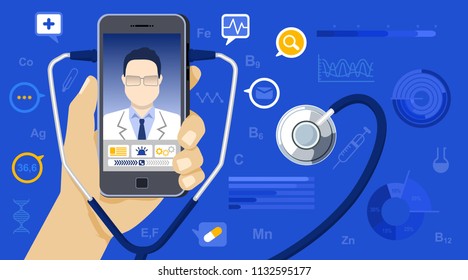 Vector illustration in flat. medicine concept. Hand holding mobile phone with app for healthcare online consultation with doctor. Online doctor concept with icons, stethoscope and Infographic elements
