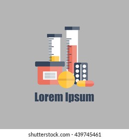 Vector illustration with flat medicine pills and test tubes. Vitamin, drug, tablet objects. Vector medicine background. Pharmacy medicament, healthcare, treatment design. Medicine pills in flat style