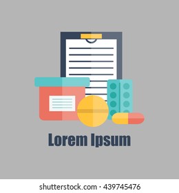 Vector illustration with flat medicine pills and test tubes. Vitamin, drug, tablet objects. Pharmacy medicament, healthcare, treatment design. Medicine pills in flat style